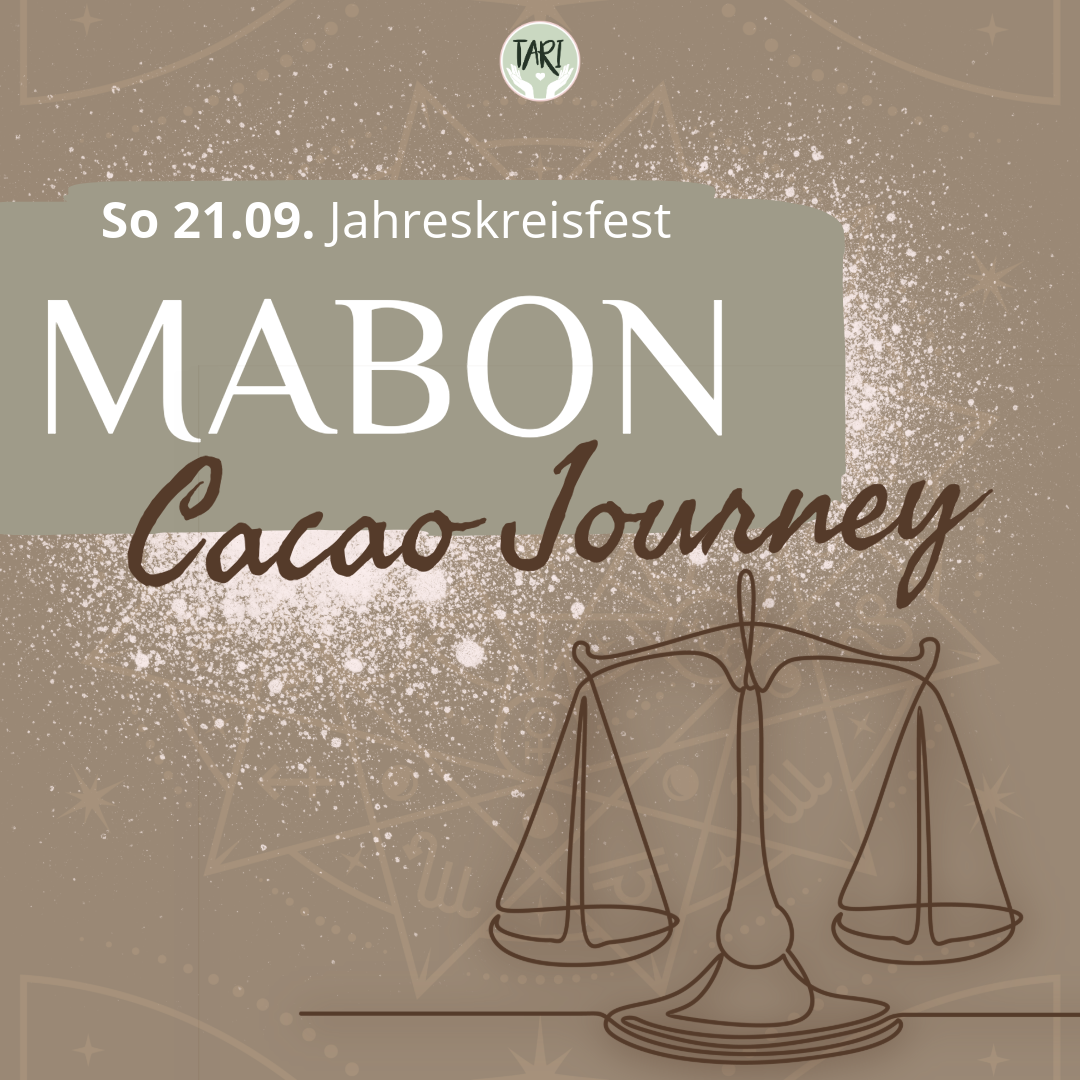 Text mit dem Titel "Mabon Cacao Journey" und dem Datum 21.09. in einem dekorativen Design.